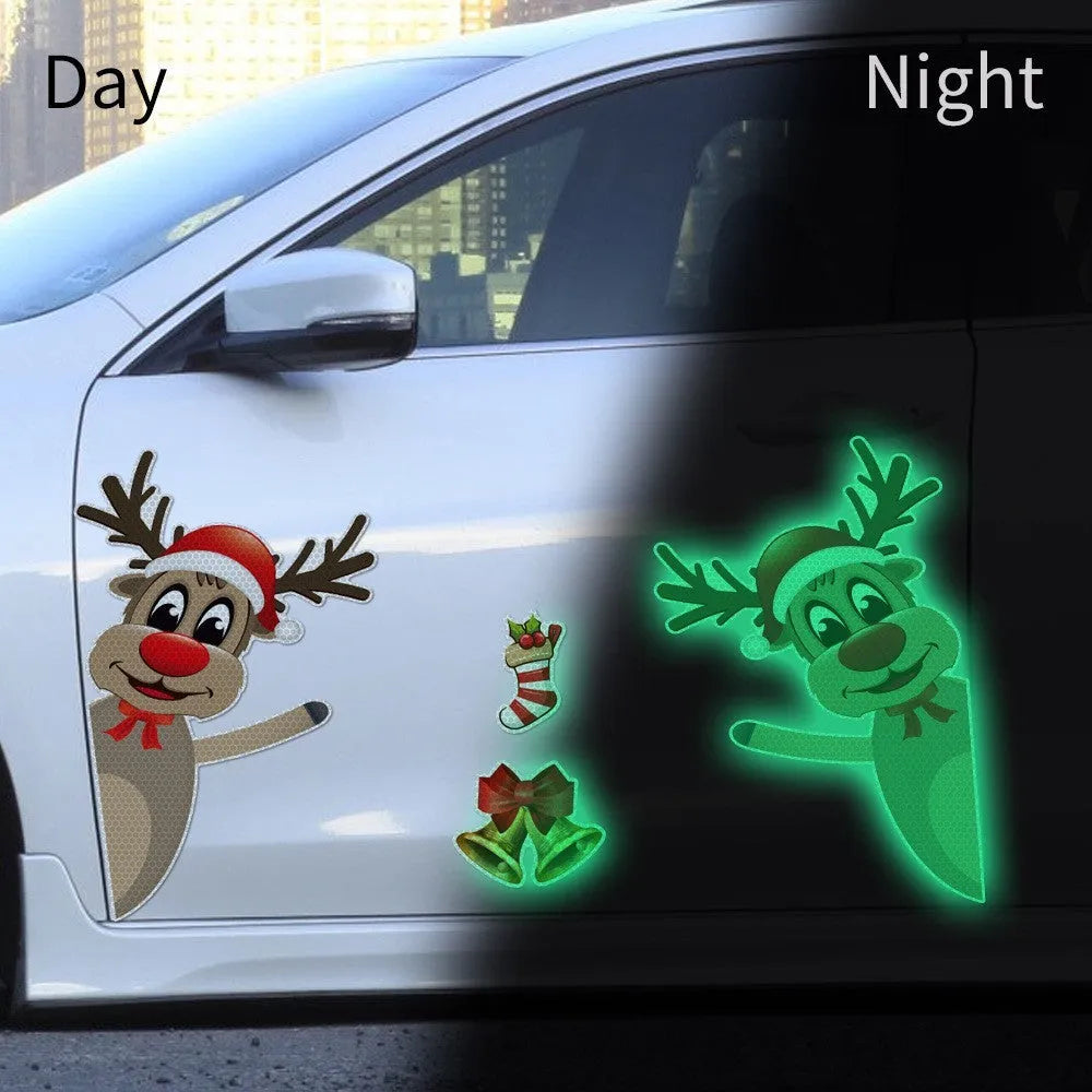 Cartoon Christmas elk bell design magnetic bumper stickers with reflective and luminous features on a vehicle.