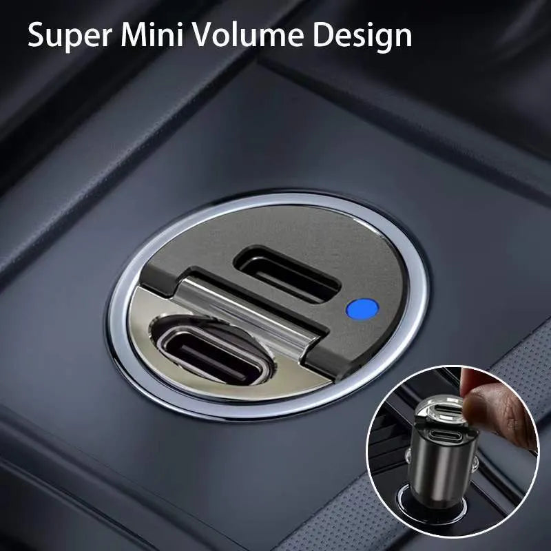 Black car cigarette lighter charger with dual USB ports and voltage display measuring 45x20.7mm