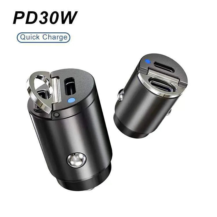 Black car cigarette lighter charger with dual USB ports and voltage display measuring 45x20.7mm