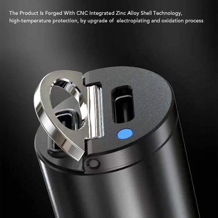 Black car cigarette lighter charger with dual USB ports and voltage display measuring 45x20.7mm
