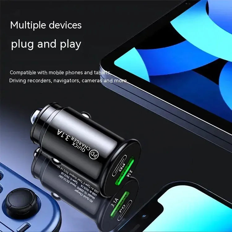 Black and white dual-port USB car charger for vehicle cigarette lighter sockets