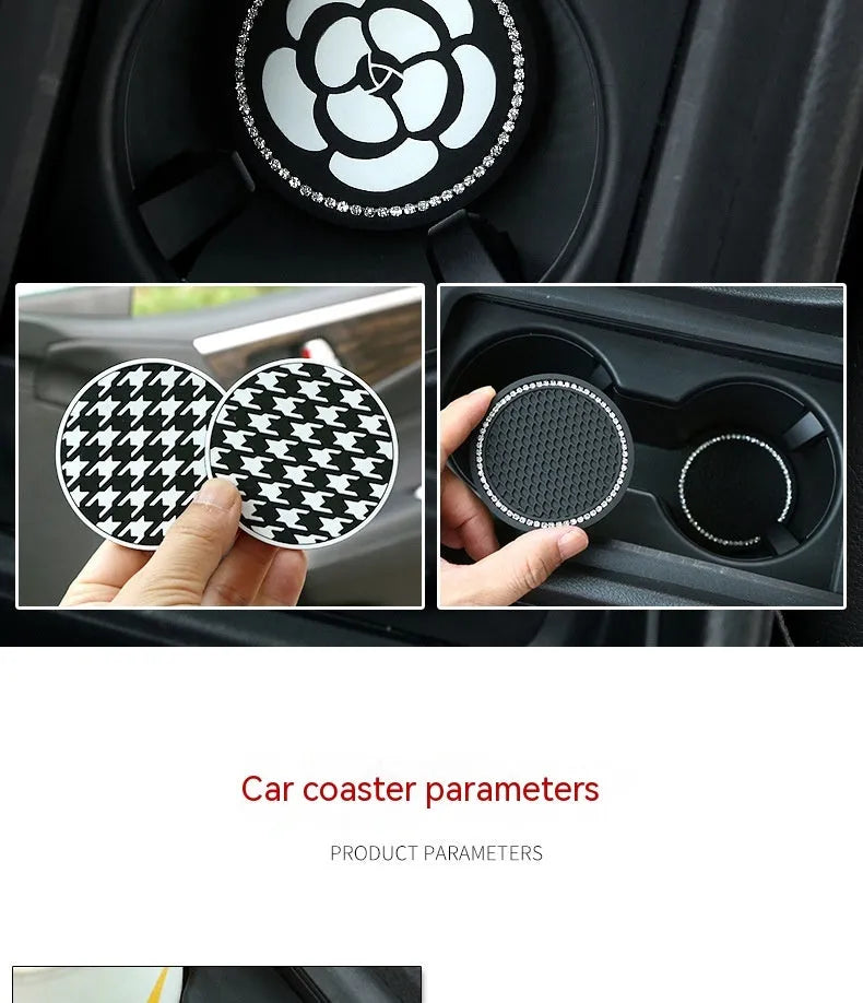 PVC car cup holder mat coaster in black and white checkerboard pattern for vehicle interior