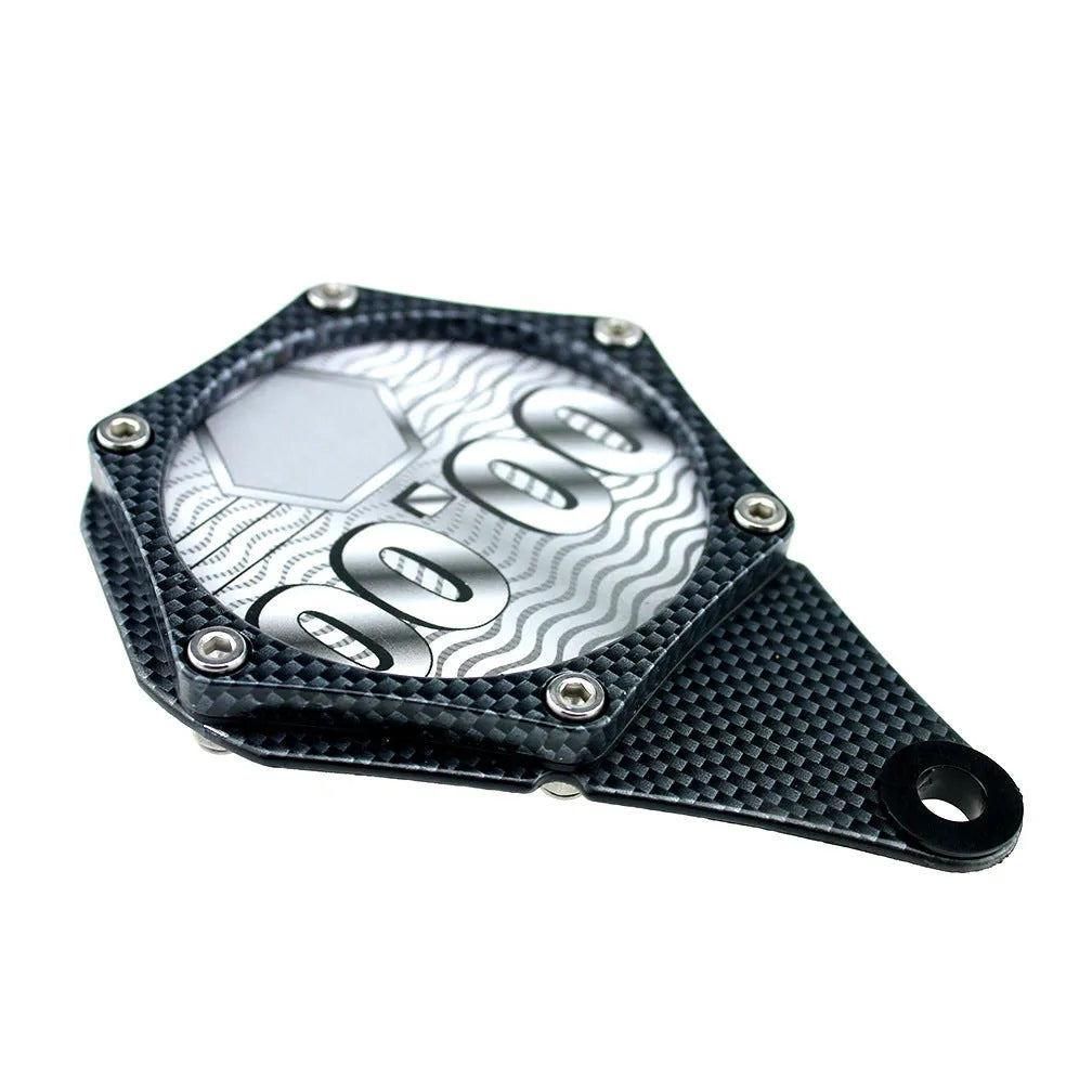 Black carbon fibre pattern metal aluminium alloy motorcycle tax disc holder with anti-theft screw
