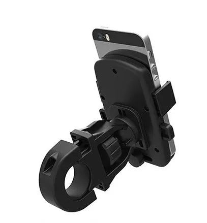 Black ABS plastic bicycle phone holder mounted on handlebars with elastic security strap, for smartphones up to 5.3 inches.