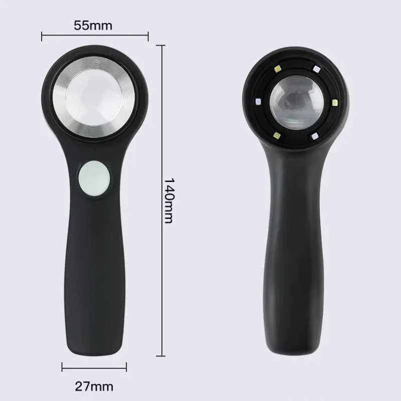Black jewellery appraisal magnifying glass with LED lights and USB-C charging port