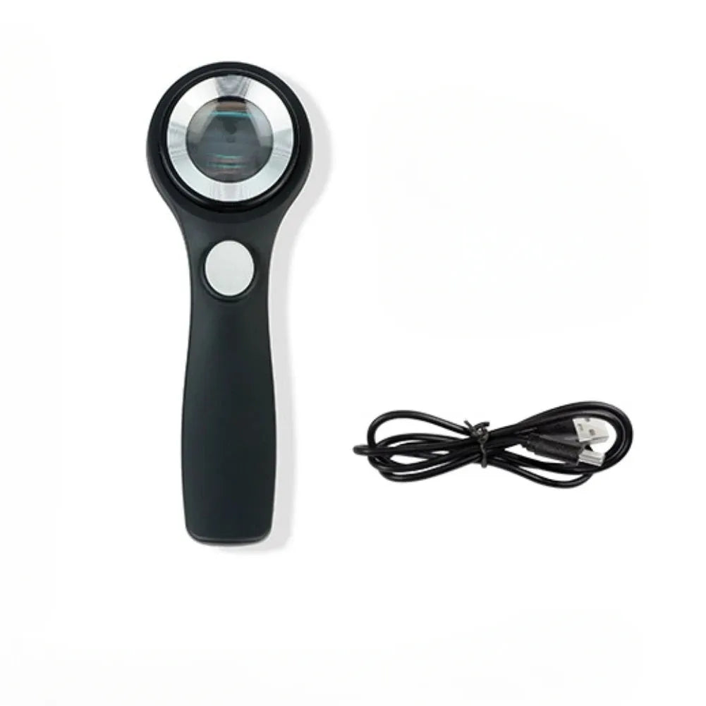 Black jewellery appraisal magnifying glass with LED lights and USB-C charging port