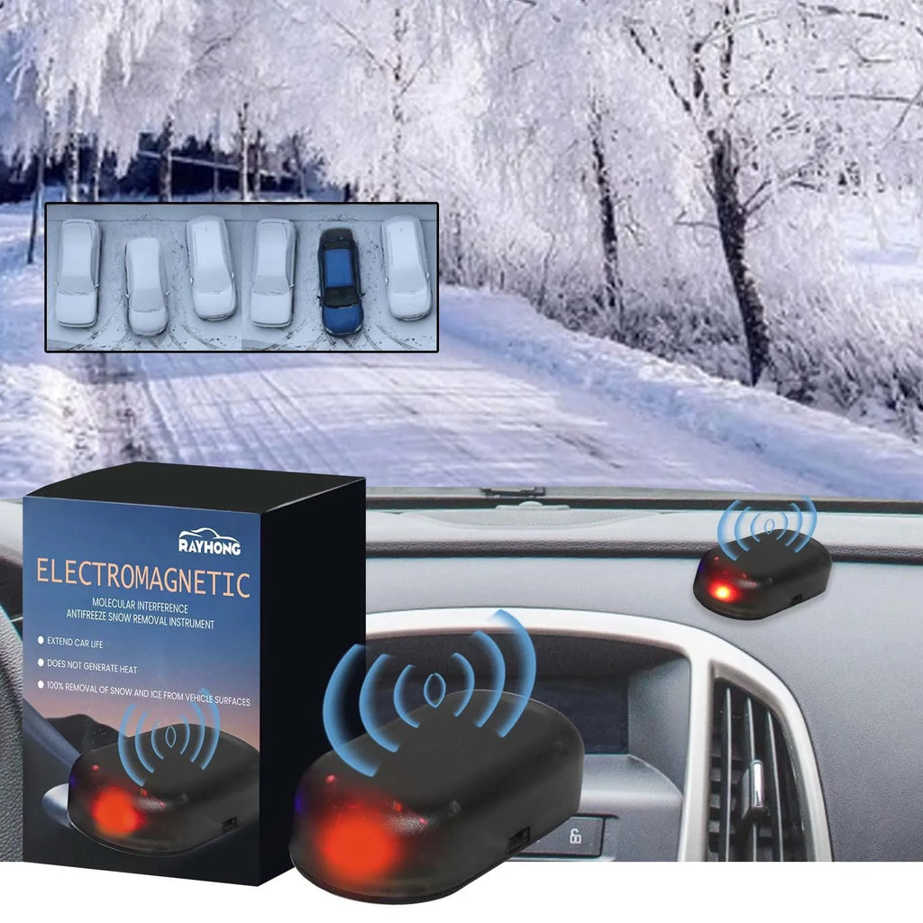 A black handheld car de-icer tool for melting snow and ice on windscreens.
