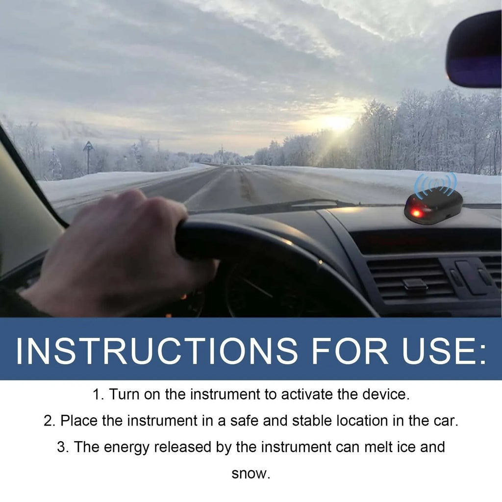 A black handheld car de-icer tool for melting snow and ice on windscreens.