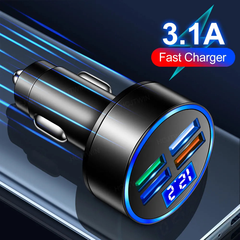 Black multi-port USB car charger with four ports and cigarette lighter plug for vehicle use