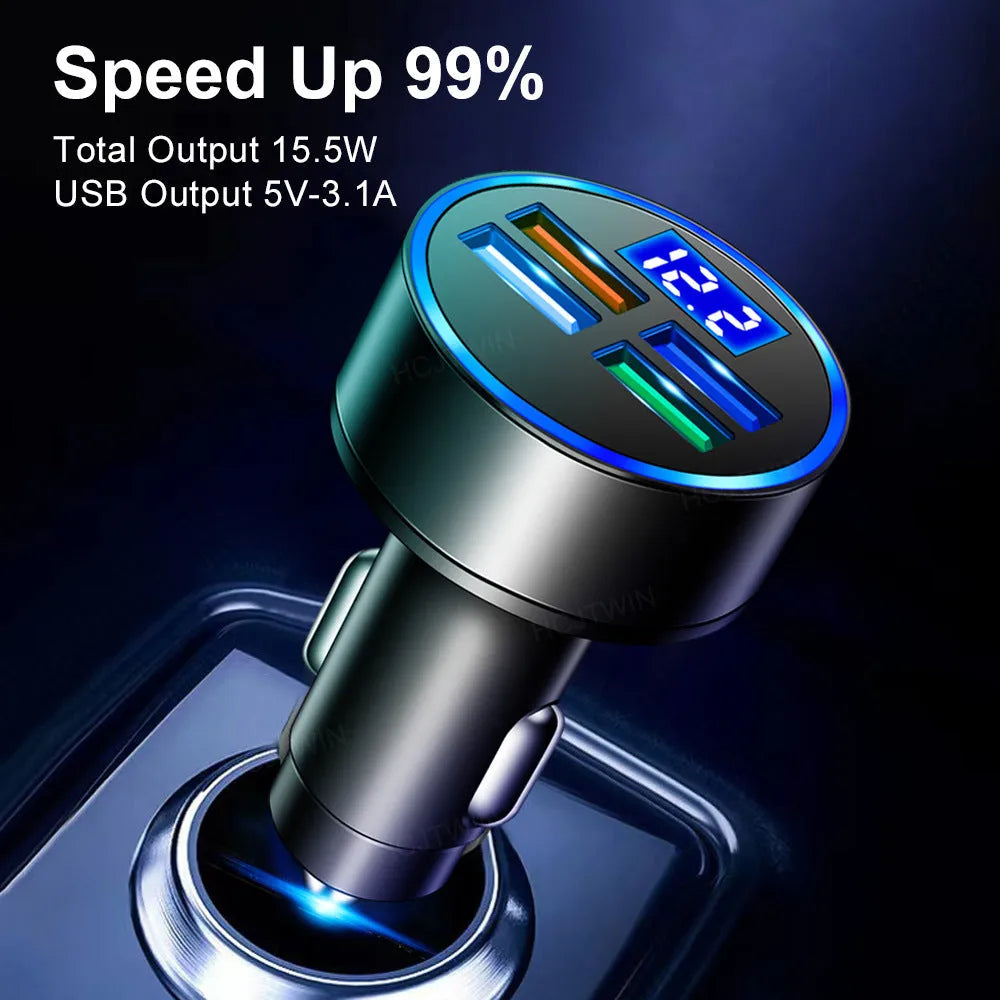 Black multi-port USB car charger with four ports and cigarette lighter plug for vehicle use