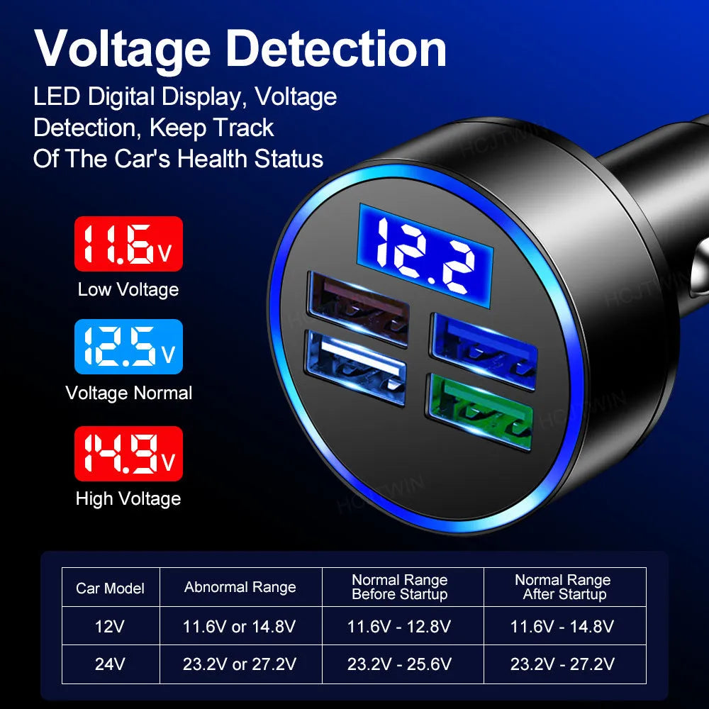 Black multi-port USB car charger with four ports and cigarette lighter plug for vehicle use