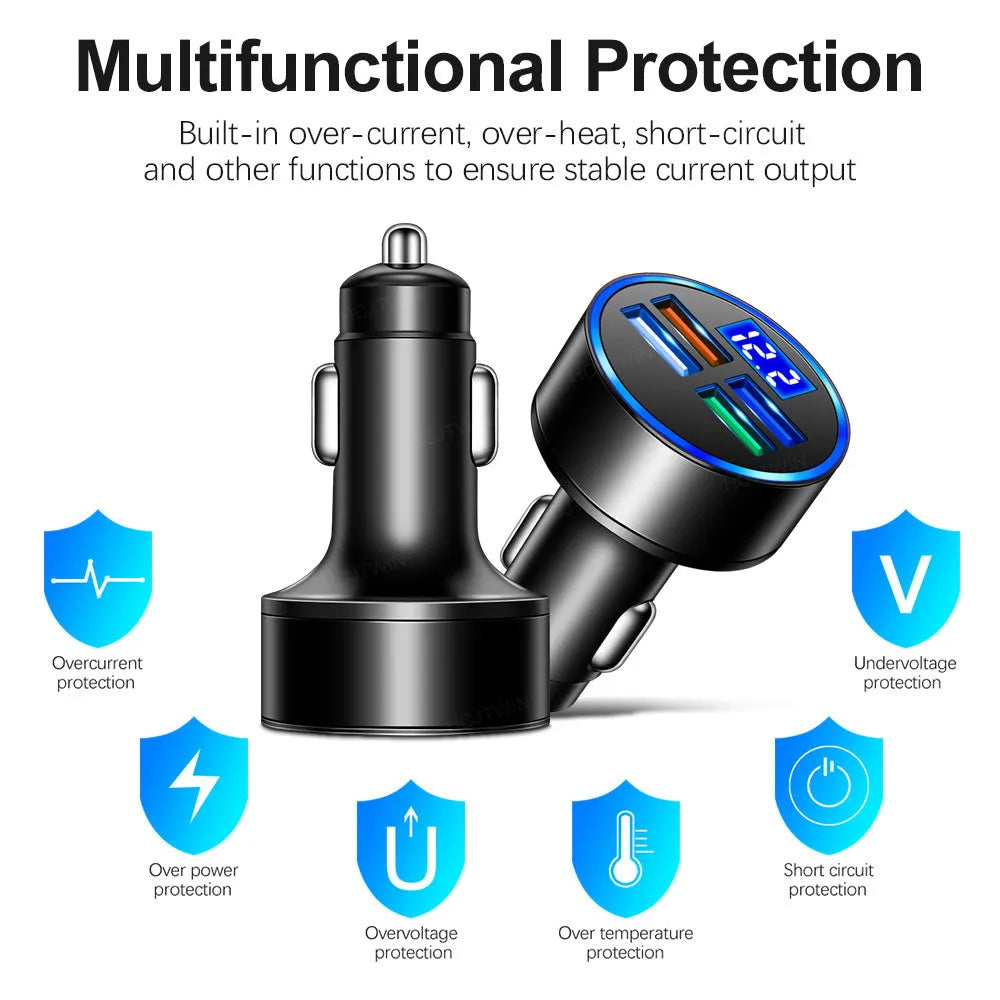 Black multi-port USB car charger with four ports and cigarette lighter plug for vehicle use
