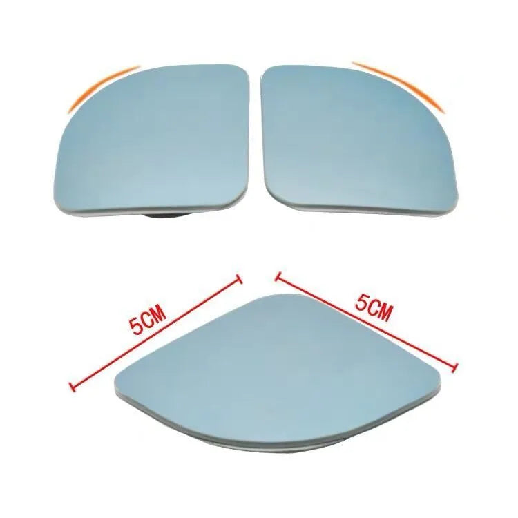 White fan-shaped car blind spot mirror with 360-degree adjustable mount on a universal bracket.