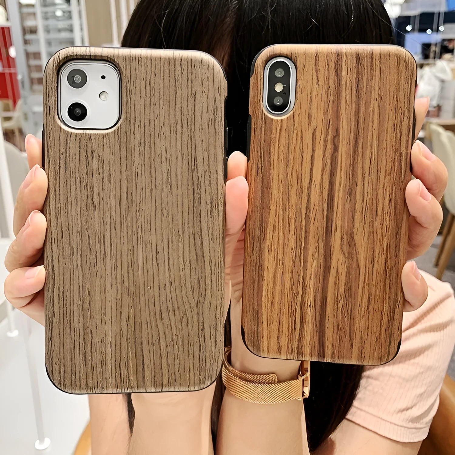 Natural wood iPhone back cover in Rosewood colour for iPhone 11 Pro, showing grain detail.
