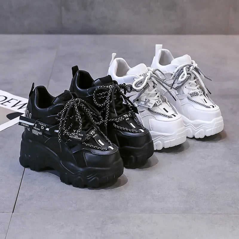 Women's black and white mesh platform sports shoes with cross strap and 6-8cm heel