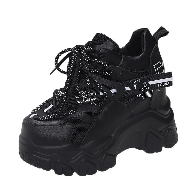 Women's black and white mesh platform sports shoes with cross strap and 6-8cm heel