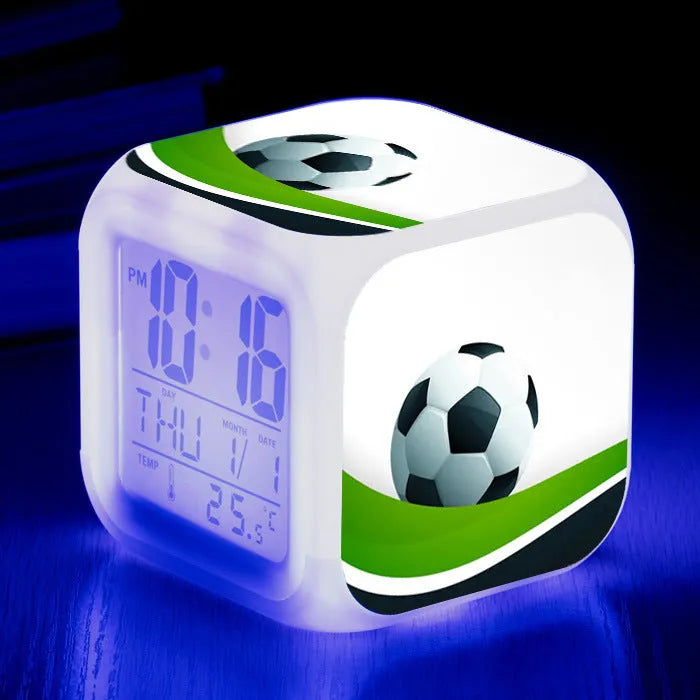 Square football pattern alarm clock with cartoon styling and mute alarm function