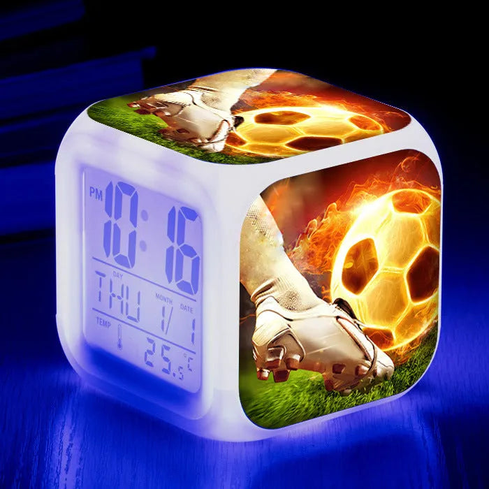 Square football pattern alarm clock with cartoon styling and mute alarm function