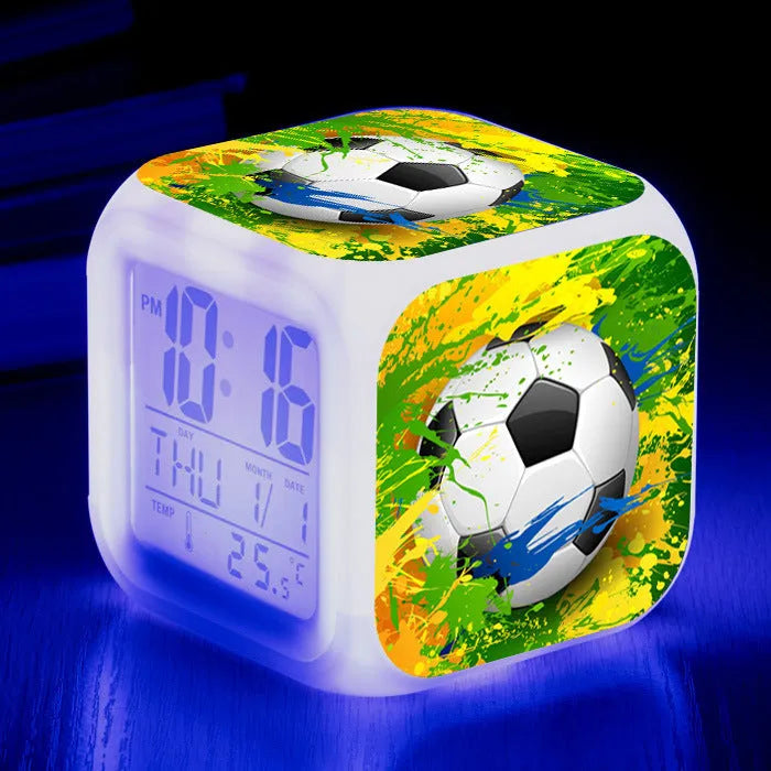 Square football pattern alarm clock with cartoon styling and mute alarm function
