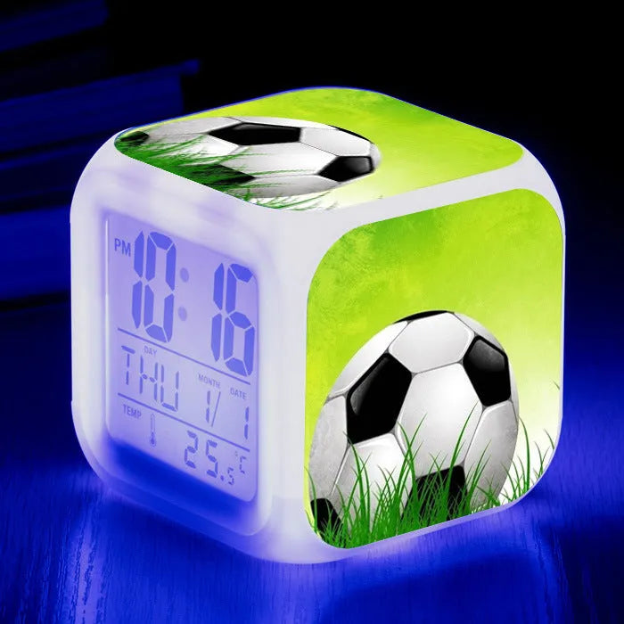Square football pattern alarm clock with cartoon styling and mute alarm function
