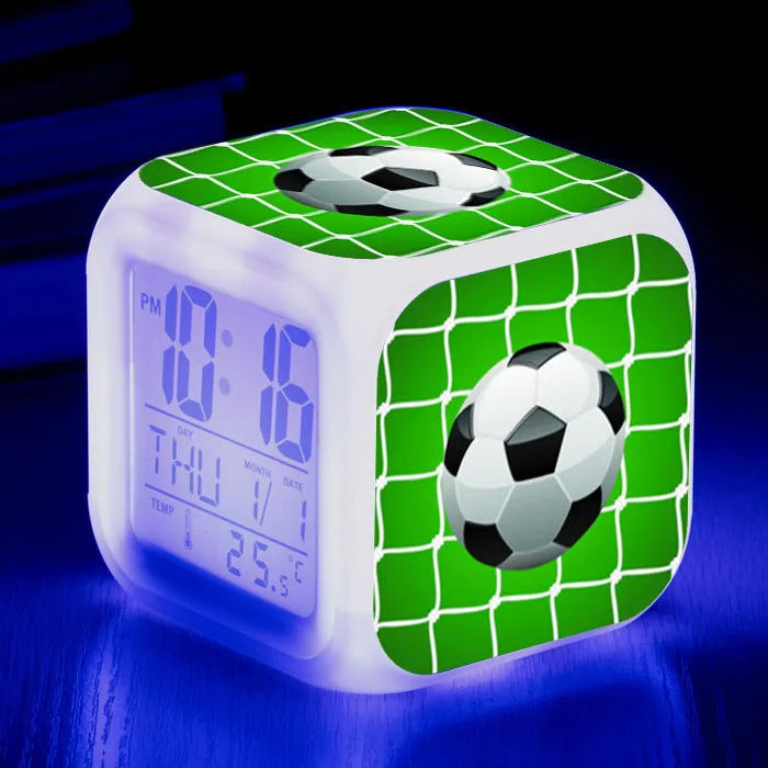 Square football pattern alarm clock with cartoon styling and mute alarm function
