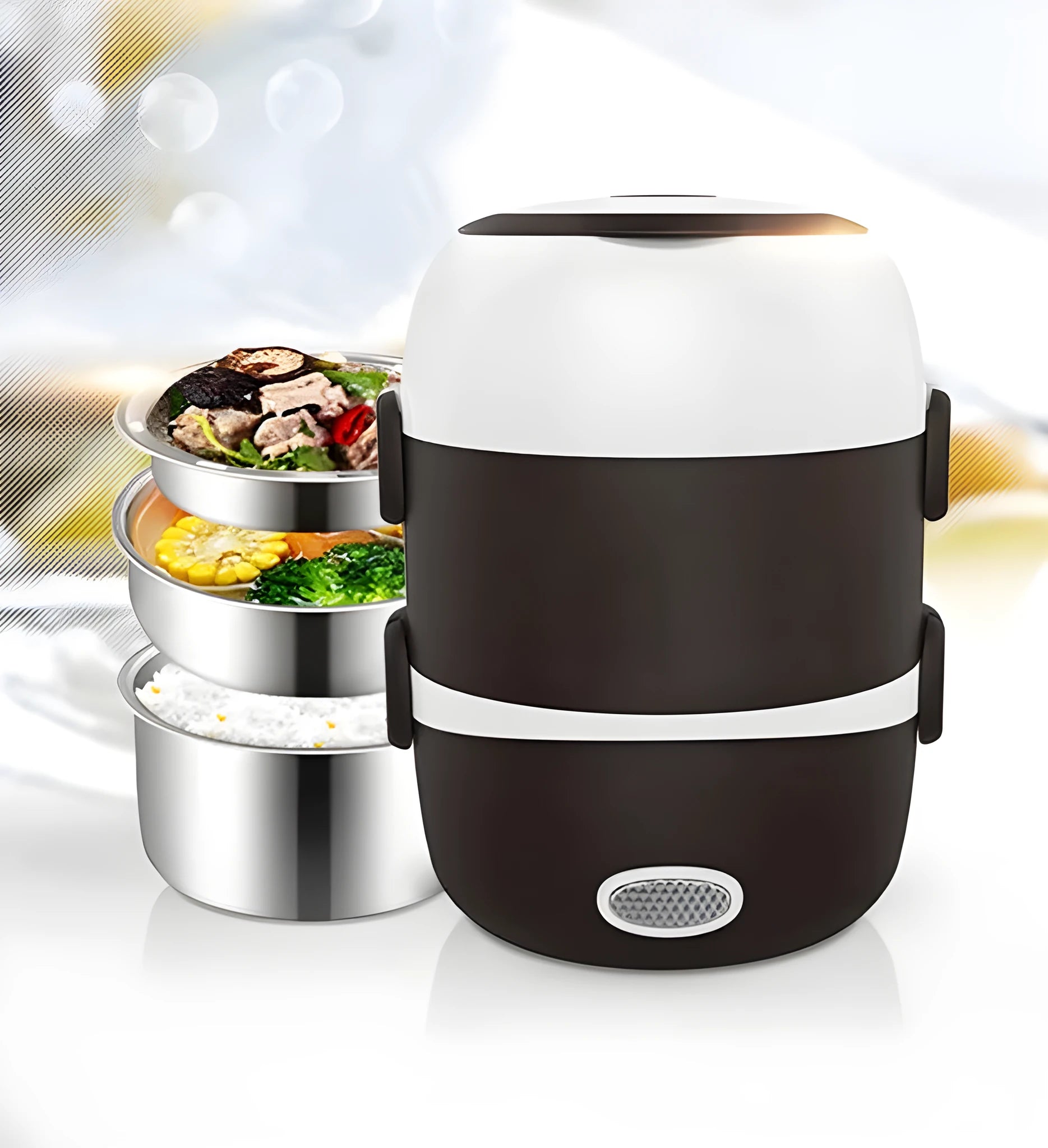 Insulated electric heating lunch box with USB port showing 190mm cube dimensions