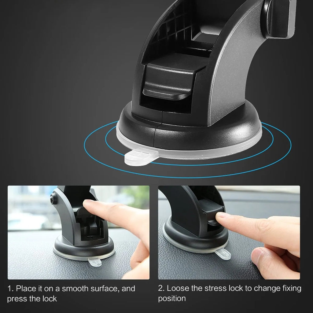 Yellow and black car phone holder with telescopic arm and suction cup mount on dashboard