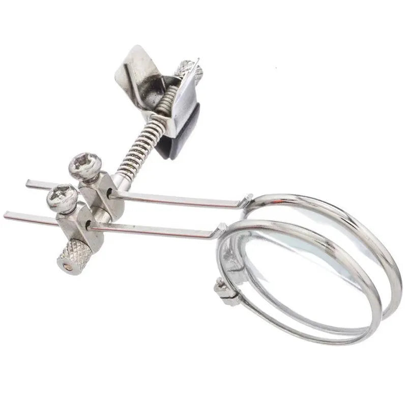 Reading glasses mirror clip attachment with double metal clips and glass auxiliary lenses.