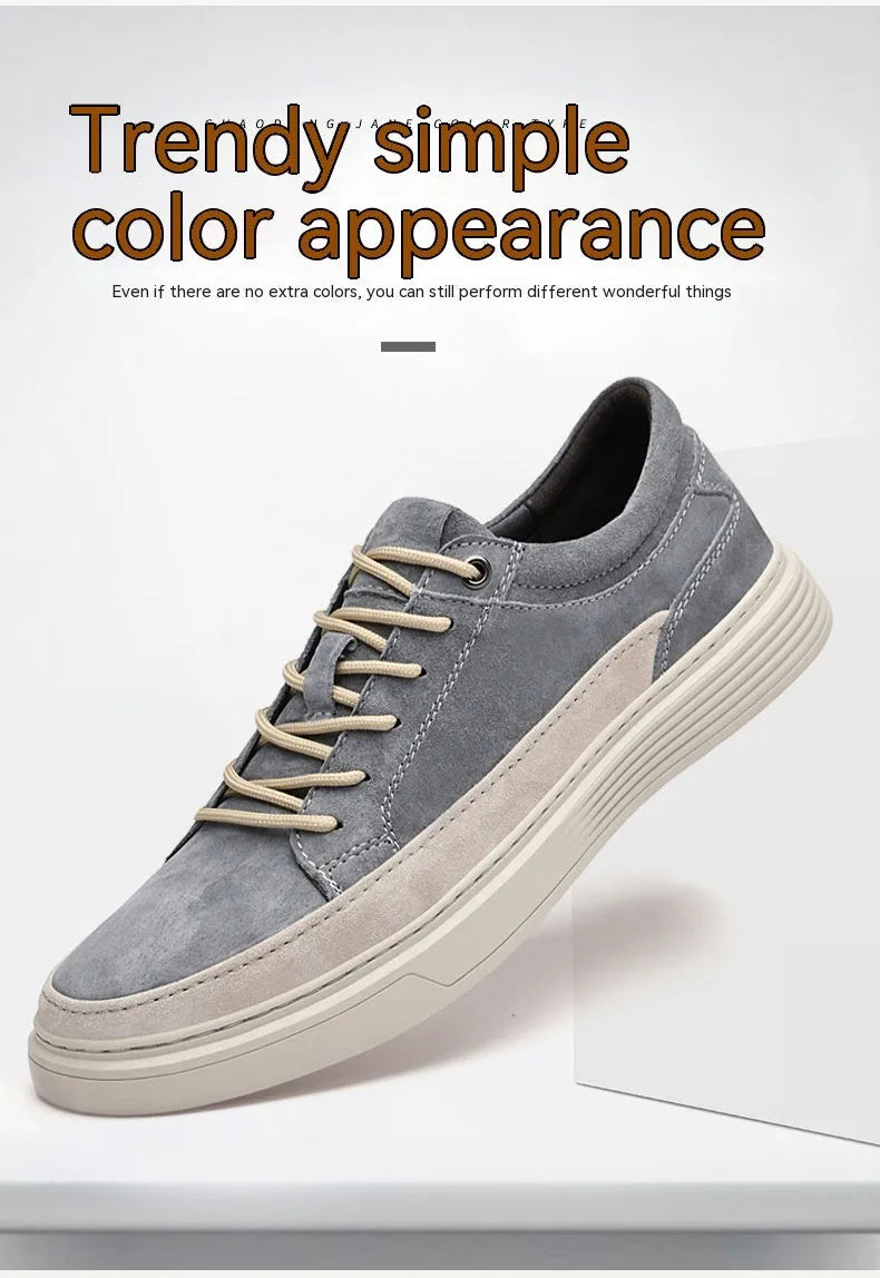 Men's grey casual leather skate shoes with round toe and lace-up front.