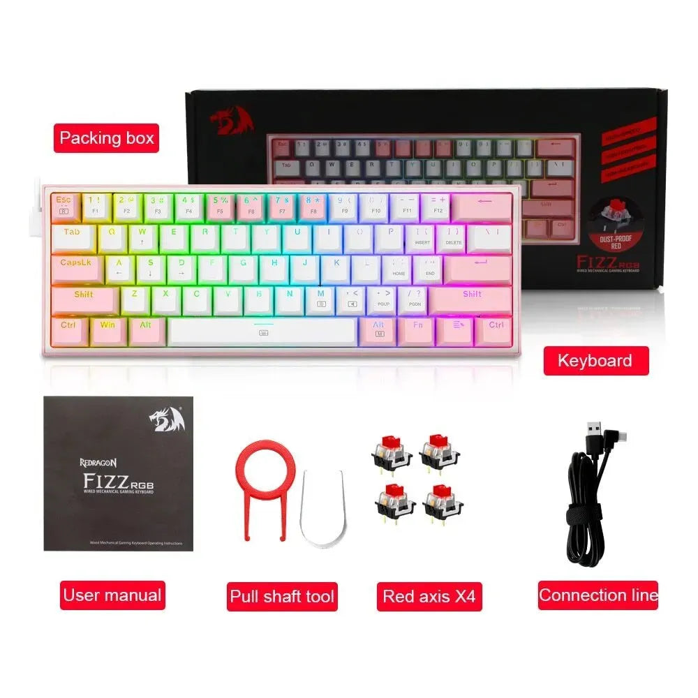 K617 RGB mechanical keyboard with white pink colour scheme showing backlit keys and multimedia function buttons