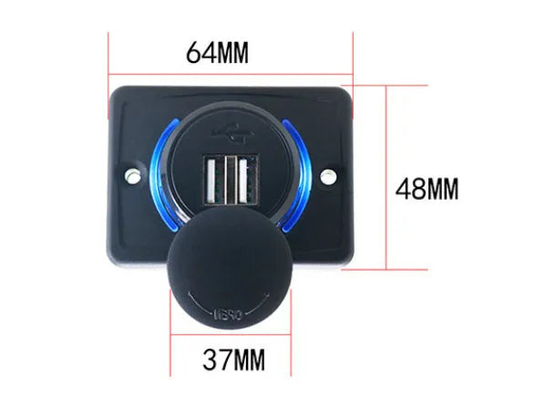 Black 12 volt car USB charger with dual ports for vehicle installation