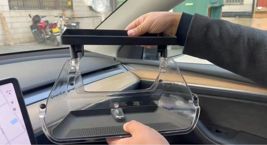 White ABS storage box for Tesla Model 3 and Y centre console, shown with napkin box inside.