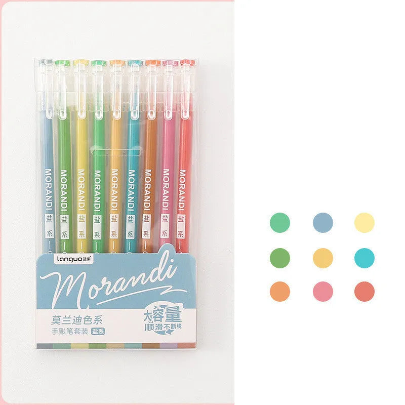 Retro gel pen set with nine 0.5mm needle tip pens in a plastic case, showing colour theme options.