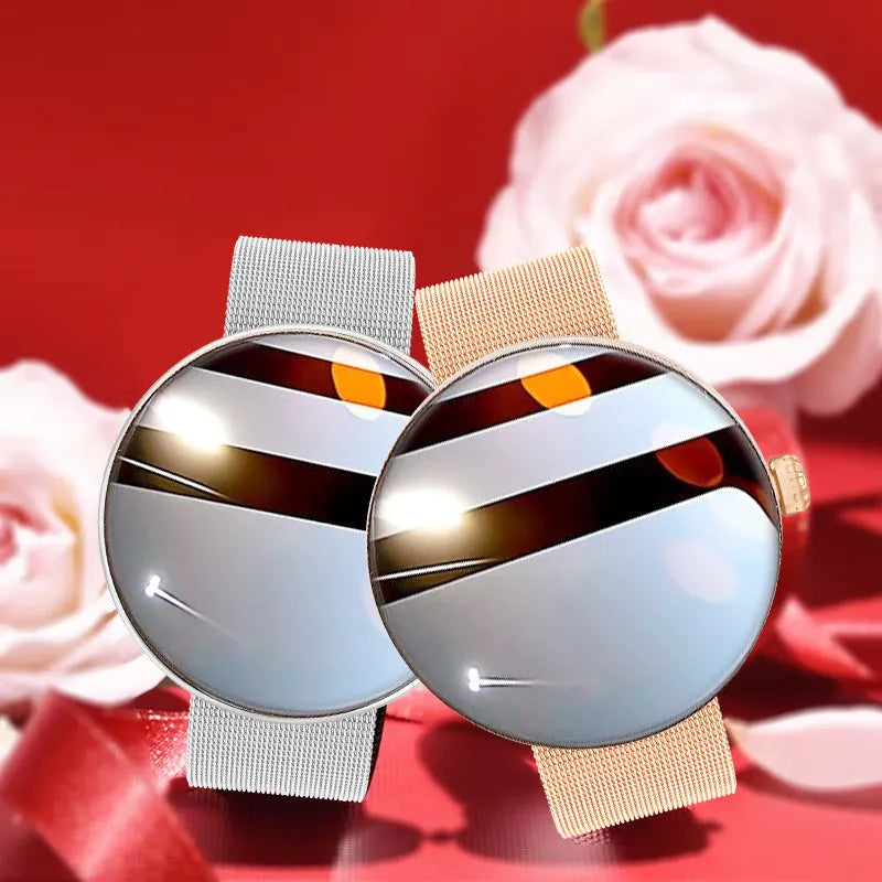 Female smart watch with circular dial, metal strap, and color screen showing heart rate data