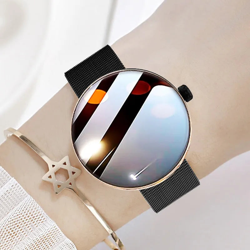 Female smart watch with circular dial, metal strap, and color screen showing heart rate data