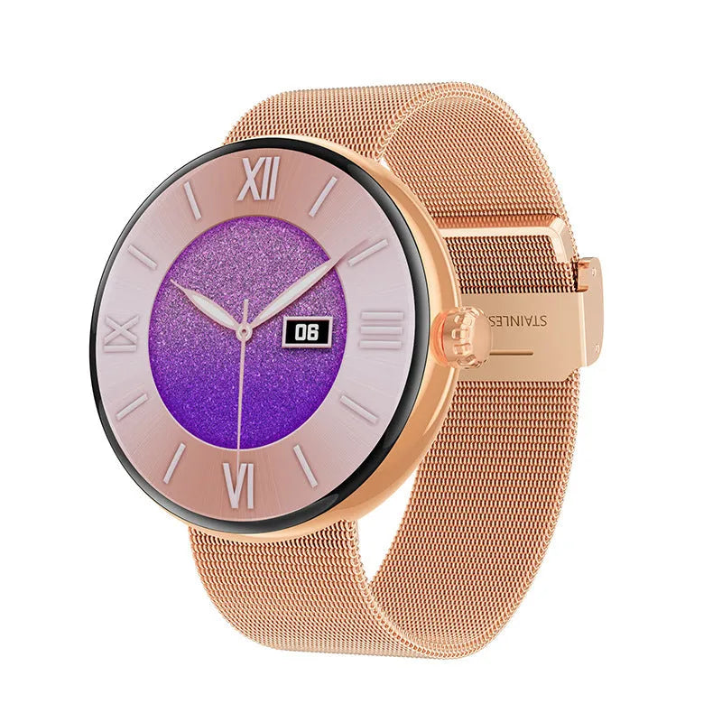 Female smart watch with circular dial, metal strap, and color screen showing heart rate data