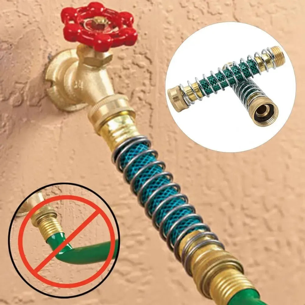 Brass garden hose connector with visible spiral spring, shown next to a measuring tape indicating 15 cm length.