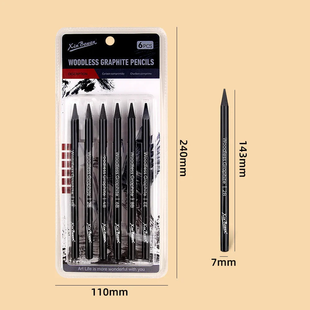 Set of six wood-free graphite sketching pencils showing HB, 2B, 4B, 6B, 8B and EE grades