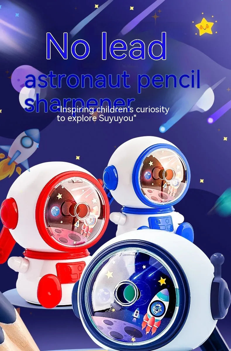 Children's cartoon astronaut themed manual pencil sharpener in blue or pink with adjustable sharpening levels
