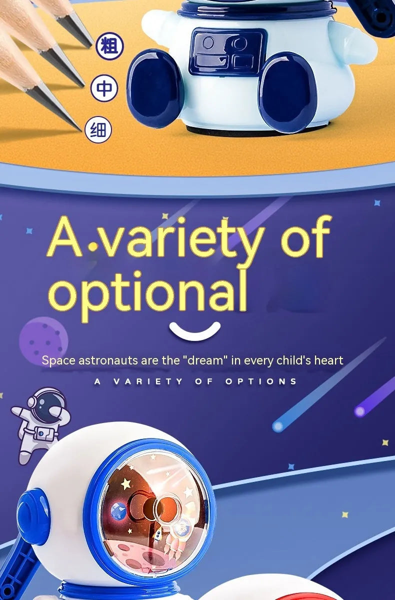 Children's cartoon astronaut themed manual pencil sharpener in blue or pink with adjustable sharpening levels