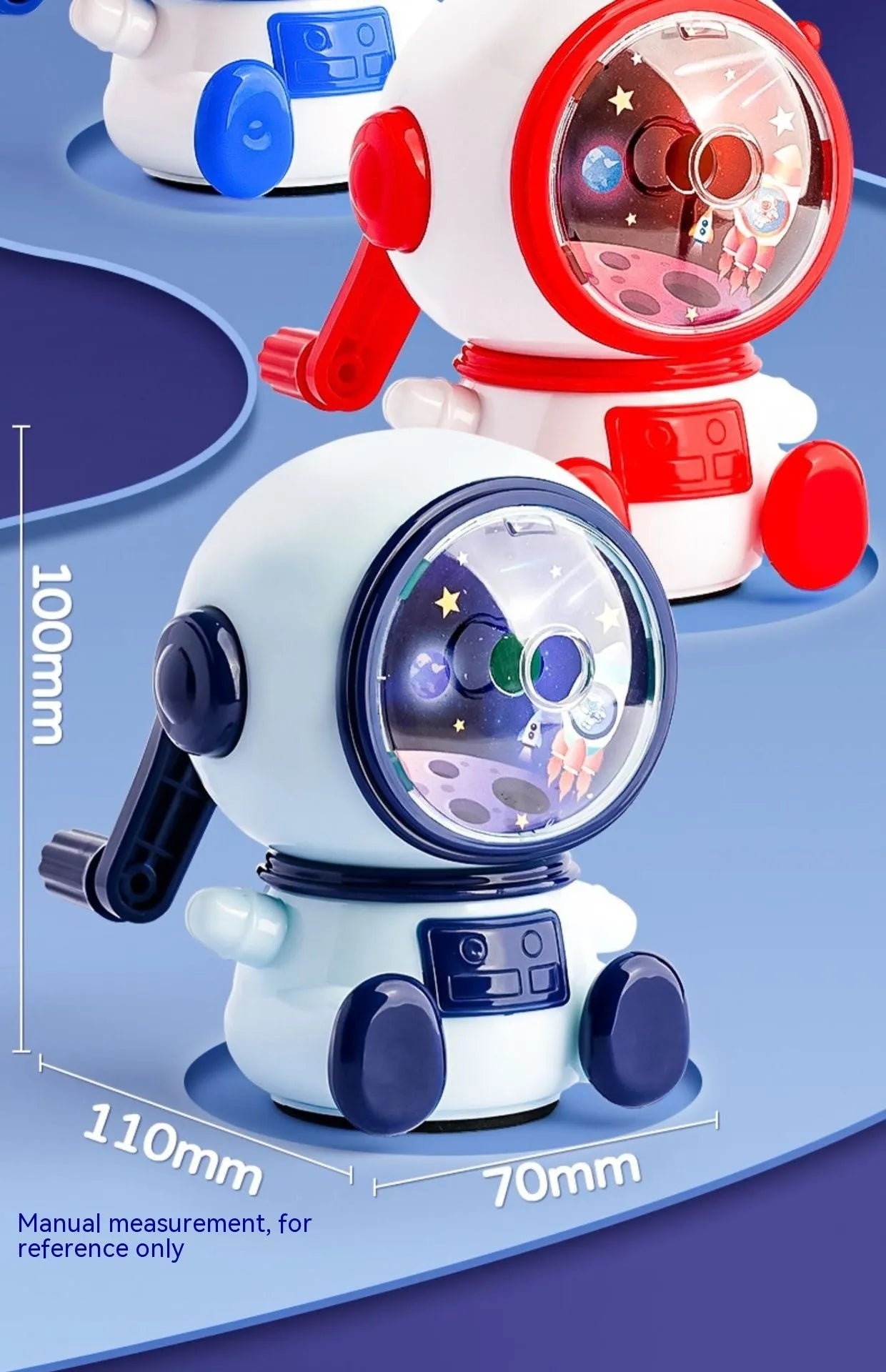 Children's cartoon astronaut themed manual pencil sharpener in blue or pink with adjustable sharpening levels