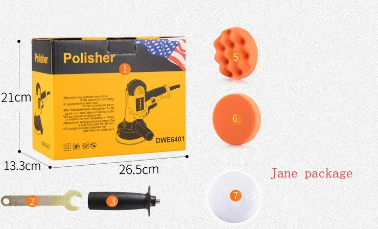 Yellow automotive polishing machine with 125mm disc diameter and copper metal plastic construction