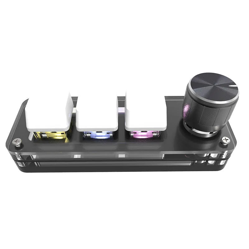 Black mini keyboard with RGB backlight and dedicated copy paste keys measuring 15cm wide
