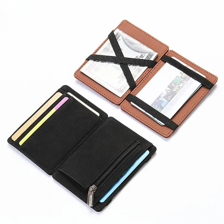 PU leather RFID blocking magic wallet in a solid colour, shown open to reveal card slots and a zippered coin pouch.