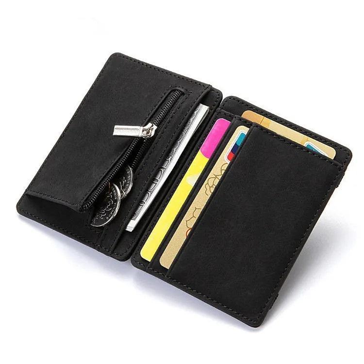 PU leather RFID blocking magic wallet in a solid colour, shown open to reveal card slots and a zippered coin pouch.