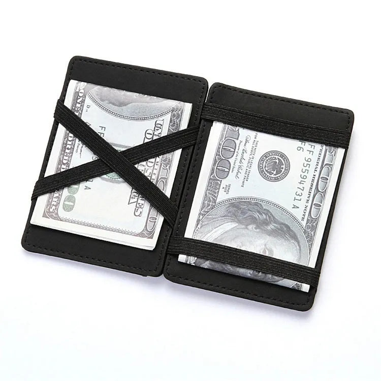 PU leather RFID blocking magic wallet in a solid colour, shown open to reveal card slots and a zippered coin pouch.