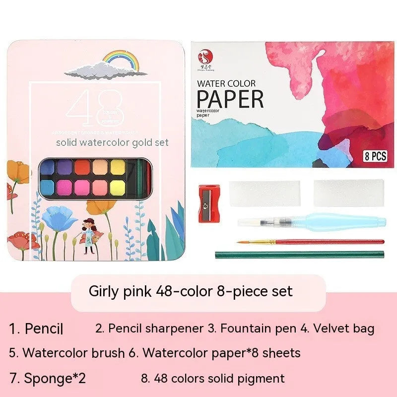 48 colour solid watercolour paint set showing compartmentalised layout with Black Knight, Girl Pink and Sunshine Blue shades