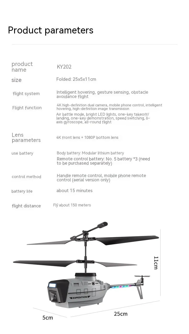 Heifeng gray plastic obstacle avoidance UAV helicopter with coloured lights next to its remote control.