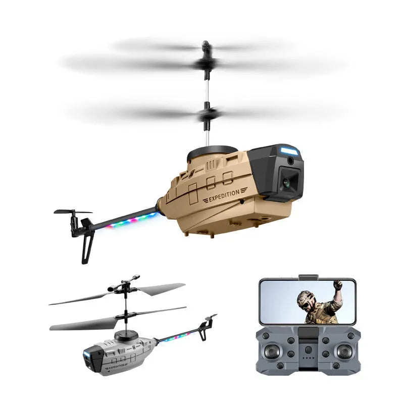 Heifeng gray plastic obstacle avoidance UAV helicopter with coloured lights next to its remote control.