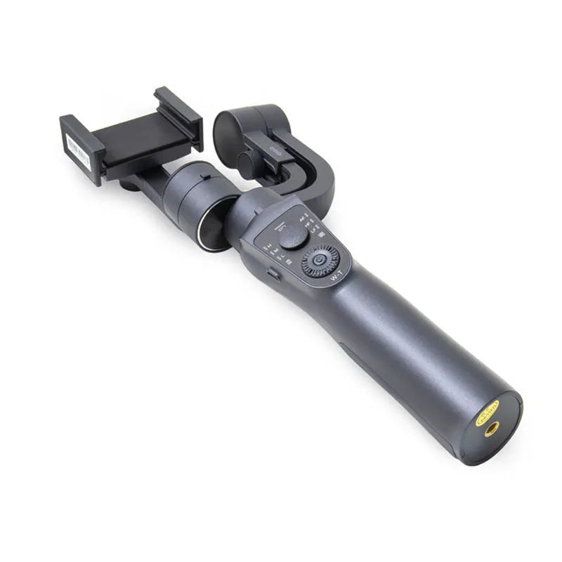 Black three-axis handheld gimbal stabilizer for mobile phones showing PTZ mechanism and handle